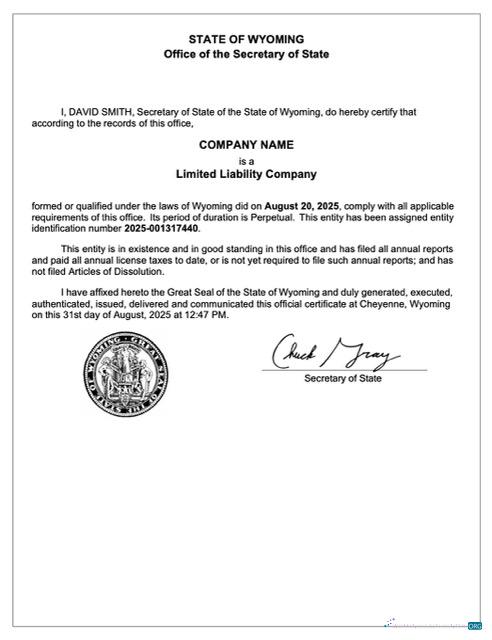 USA Wyoming certificate of registration Word and PDF template, version 2